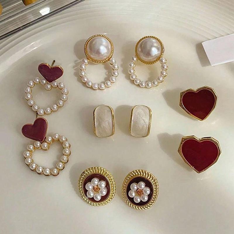 6/10/12 Pcs Simulated Pearl Round Square Stud Earrings Small French Elegant Daity Ear Studs for Women Daily Jewelry Sets F