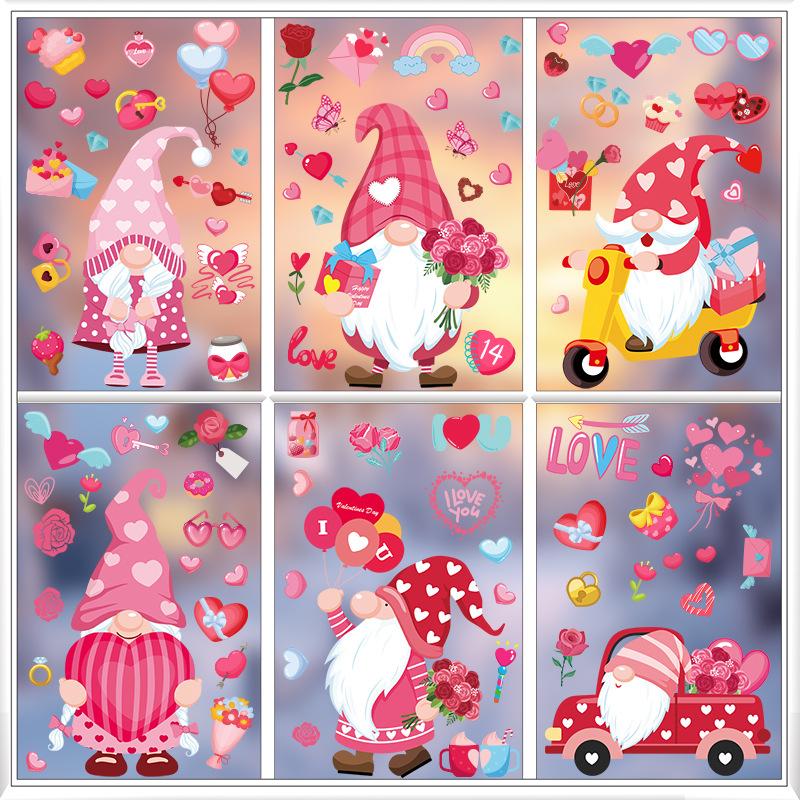 9 Sheets Valentines Day Window Stickers Cartoon Gnome I Love U Heart Shape Glass Stickers Decals Wedding Party Home Decoration