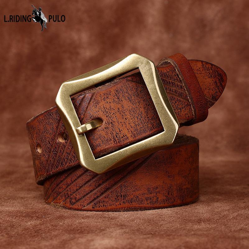 Belt Men's Vintage Heavy-Duty Washed Distressed Vegetable Tanned Full-Grain Leather Cowhide Leather Brass Buckle Trendy Unique Niche Belt