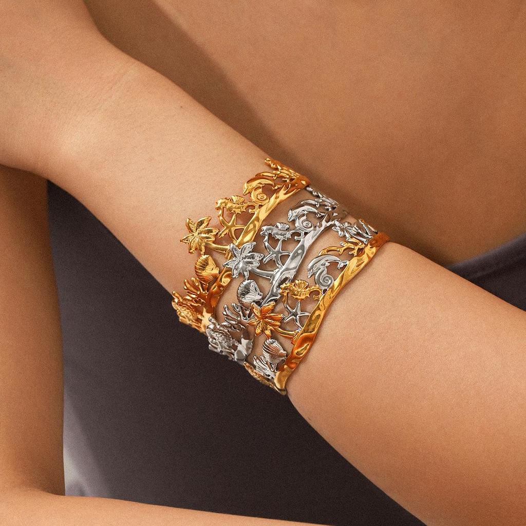 Hawaiian Stainless Steel Bracelet: Starfish, Turtle, Dolphin & Coconut Tree Charm Jewelry for Women