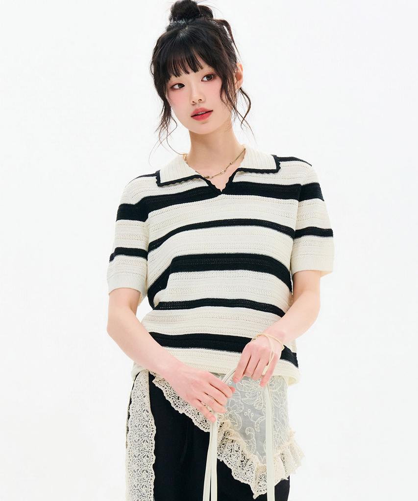 CHASECULT Women'S Striped Open Collar Short Sleeve Summer Knit-Fbrg5672D0A