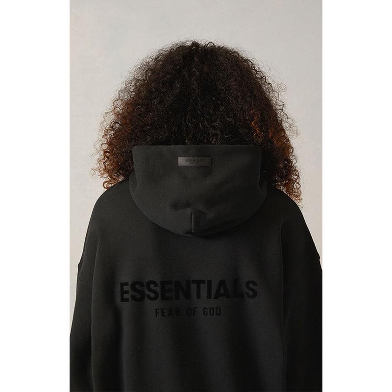 2022 Trendy Brand Essentials Black Flocking Hooded Sweatshirt with Front & Back Design