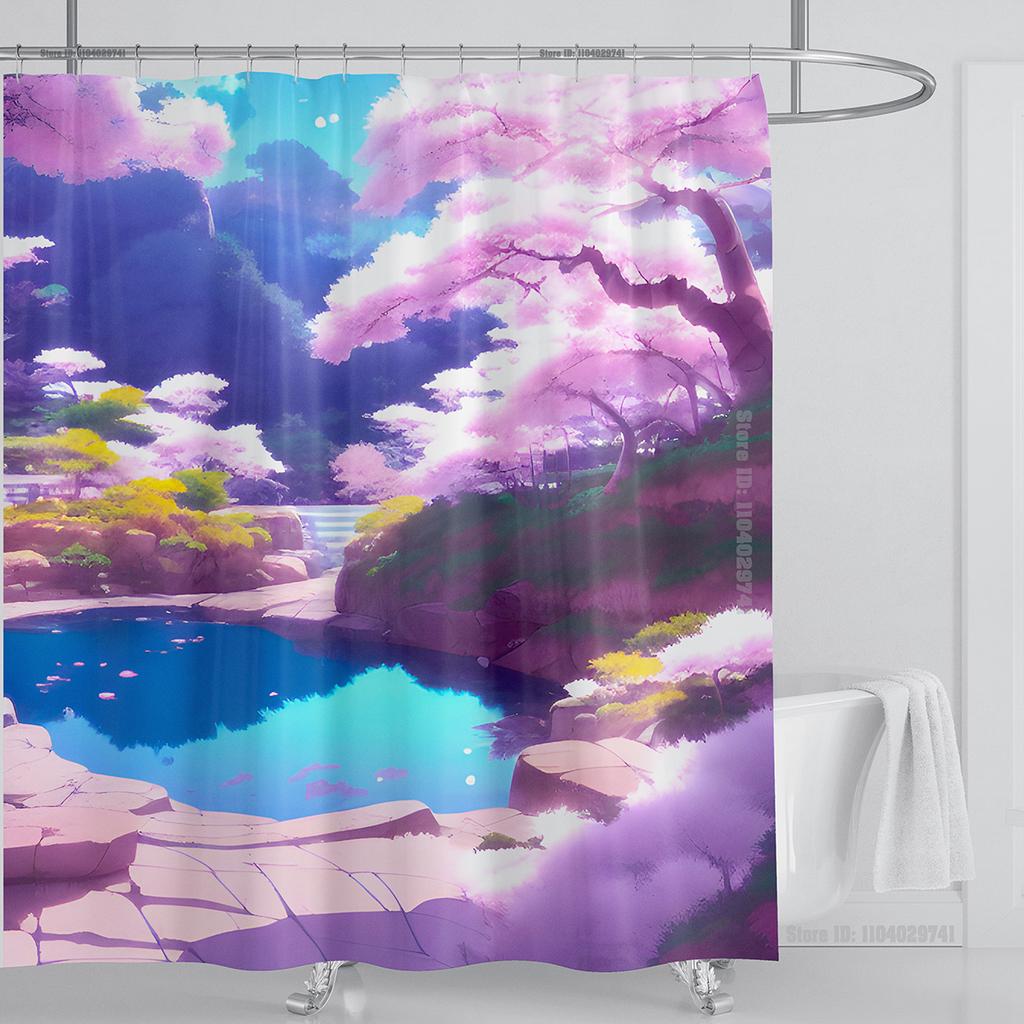 Illustration Japanese Chinese Style Art Print Polyester Washable Waterproof Shower Curtain Bathroom Decoration Bathtub With Hook
