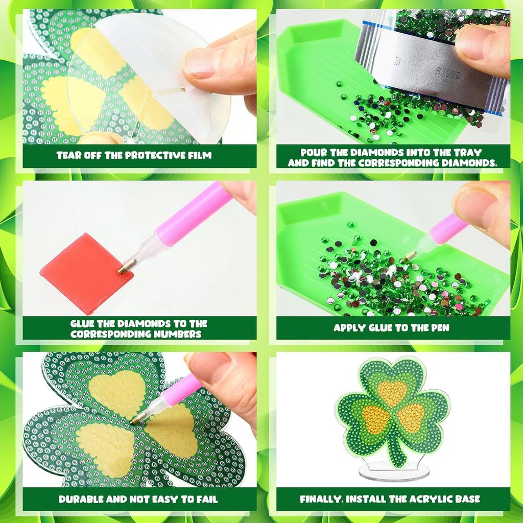 DoubleFill 9 Pcs St. Patrick's Day Diamond Painting Table Decor Double Sided Shamrock Diamond Art Kit Tabletop Signs Glow in The Dark Irish Green