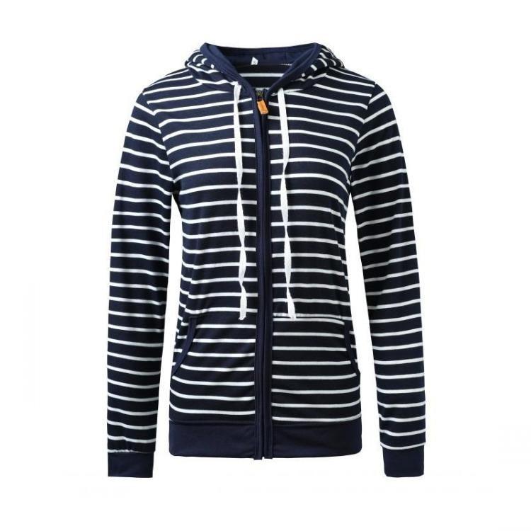 Long Sleeve Women Striped Hooded Sweatshirt with Zipper Pocket and Drawstring