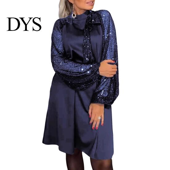 Sequin Embellished Dress Women Round Neck Lace-up Strap Shiny Patchwork Long Sleeves Midi Spring Party Loose Solid Color Knee Length Autumn