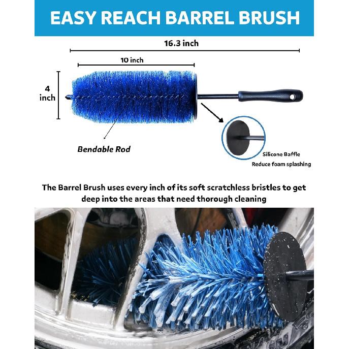 Car Wheel Cleaning Kit: Wheel And Rim Flagged Tip Brush, Bendable Barrel Brush, Wheelie Mitt, Scratch-Free Detail Brush For Rims & Tires - Durable &