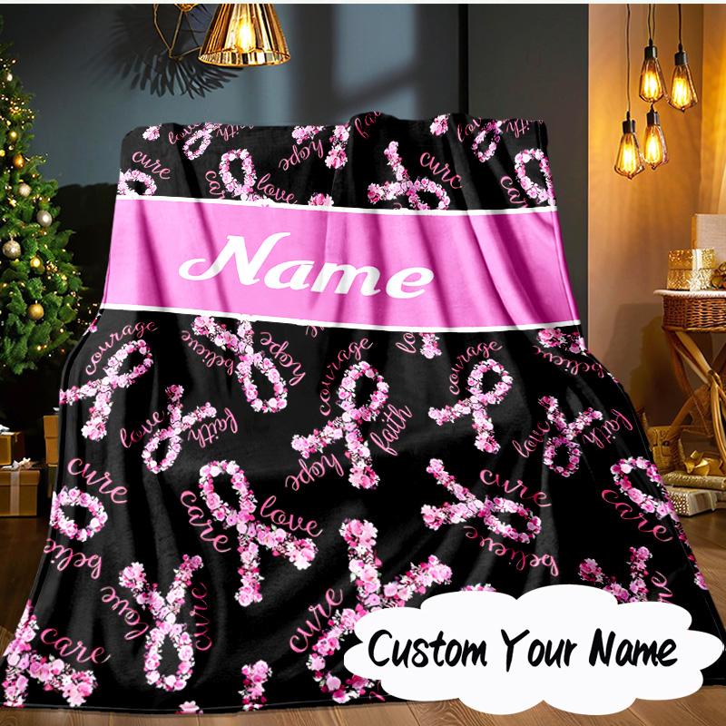 Custom Name Pink Ribbon Courage Blanket Ideal Bedding Blanket Perfect for Travel, Camping, Living Rooms, Offices, Sofas, Fan Christmas gift