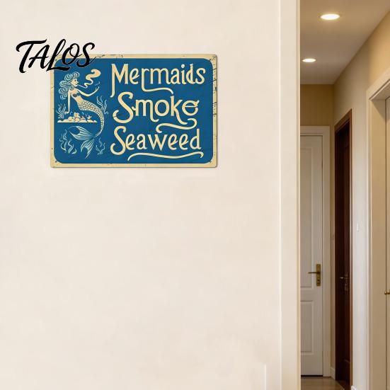 Handcrafted Metal Sign Mermaids Smoke Seaweed Rustic Wall Vintage Decorative Funny Doorbell Retro Nautical Art for Bedroom Living Room Coastal