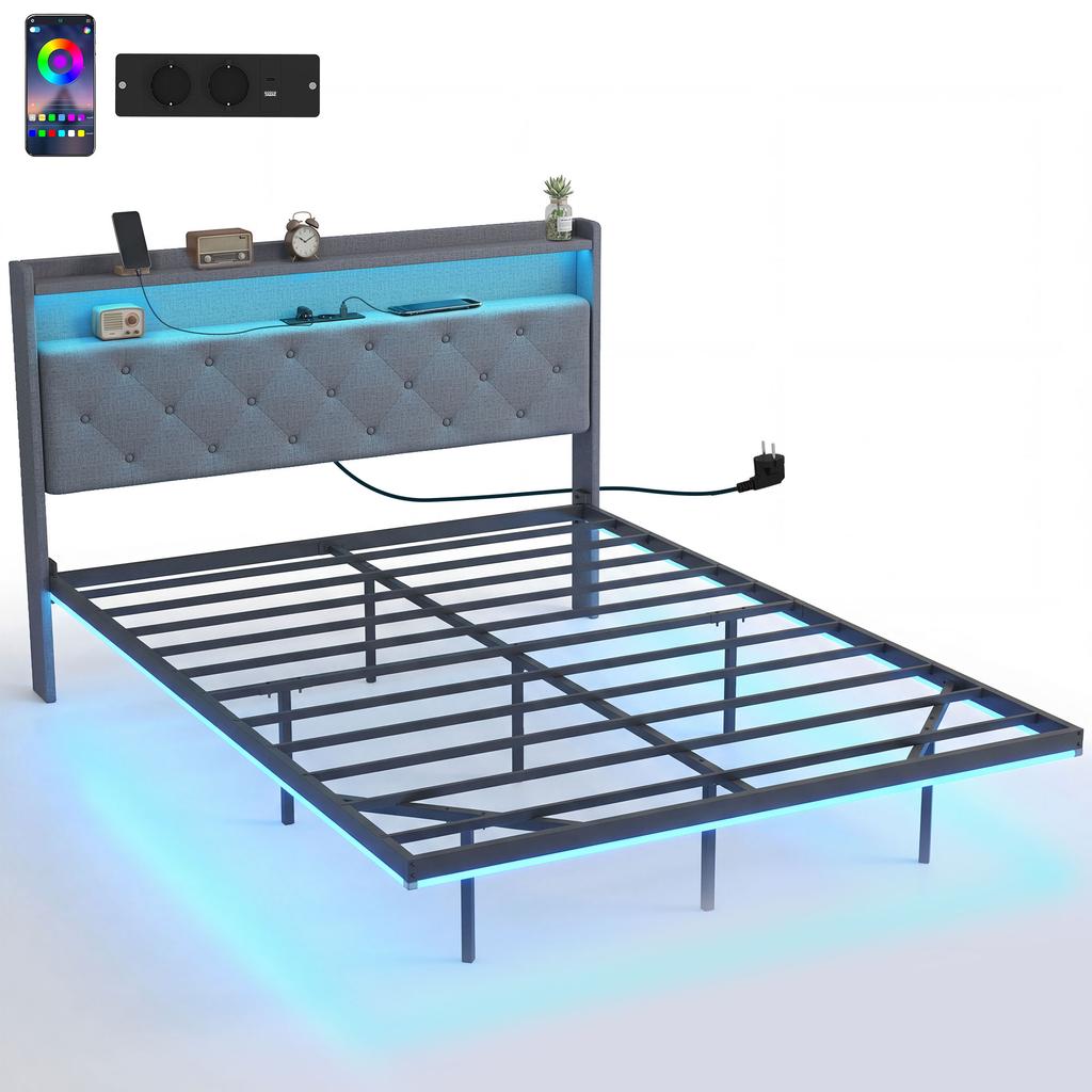 Bed frame 140 x 190 cm with steel base, floating double bed with RGB LED lights and charging station, grey