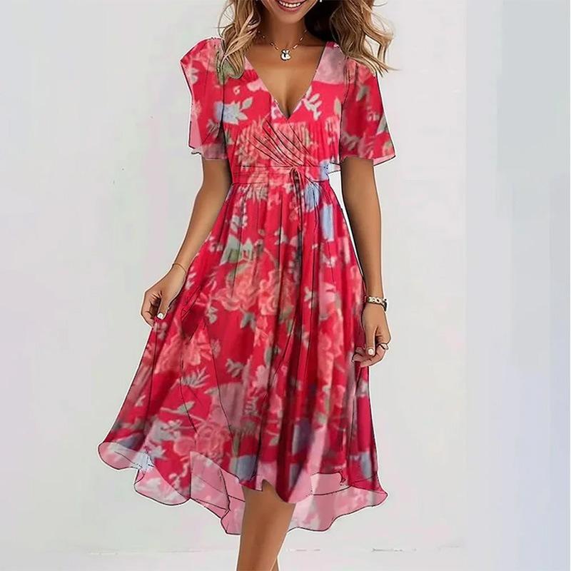 Elegant And Fashionable Printed Knee Length Dress For Women 2025 New Loose Casual V-neck Floral New Printed Dress Femme Robe