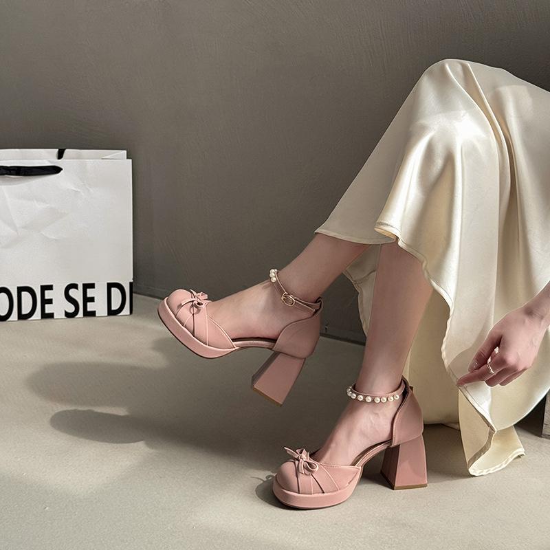 Bow thick heel Mary Jane shoes women's new spring and summer with skirt sweet high heels