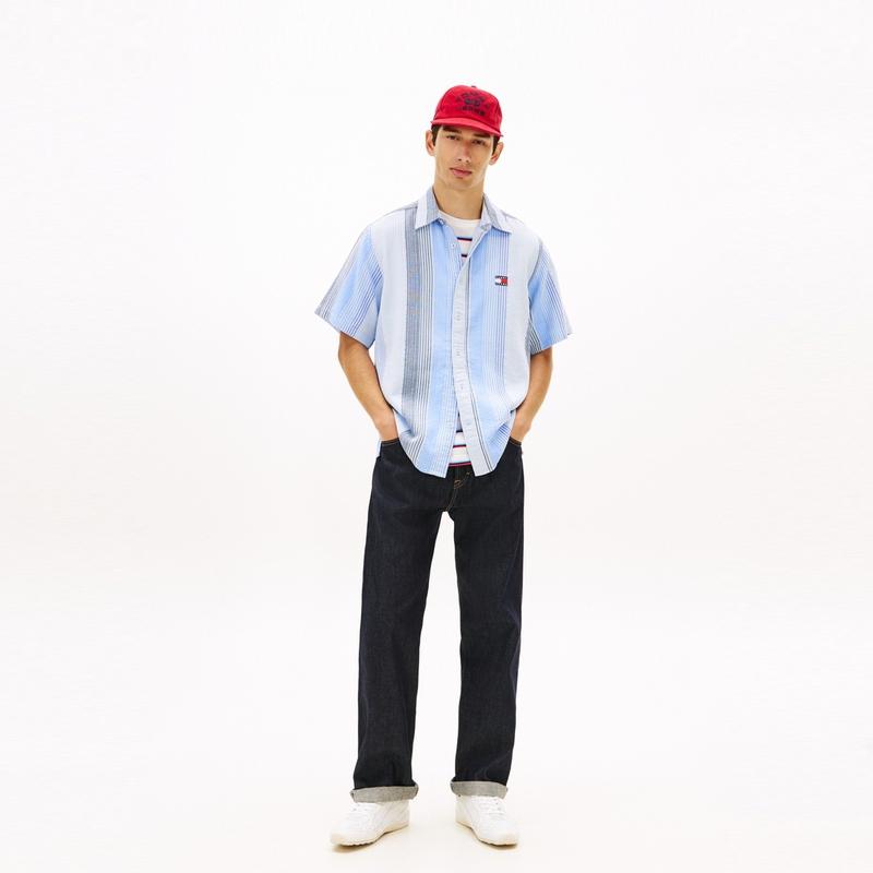 Tommy Hilfiger Cotton Vintage Casual Color-Block Striped Textured Loose Short Sleeve Shirt Men Shirts DM0DM22789