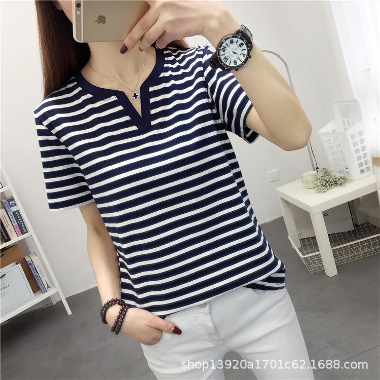 Women's Plus-Size Striped V-Neck Cotton T-Shirt, Short-Sleeve Loose Fit