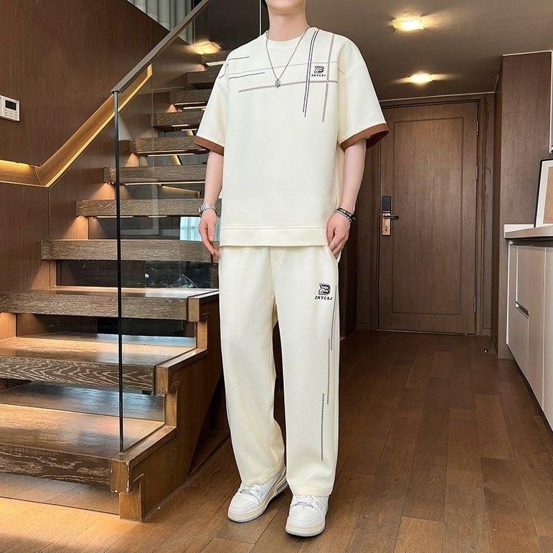 Men's 2-in-1 Summer Tracksuit Ice Silk Short Sleeve Tee Straight Pants Casual Streetwear Outfit