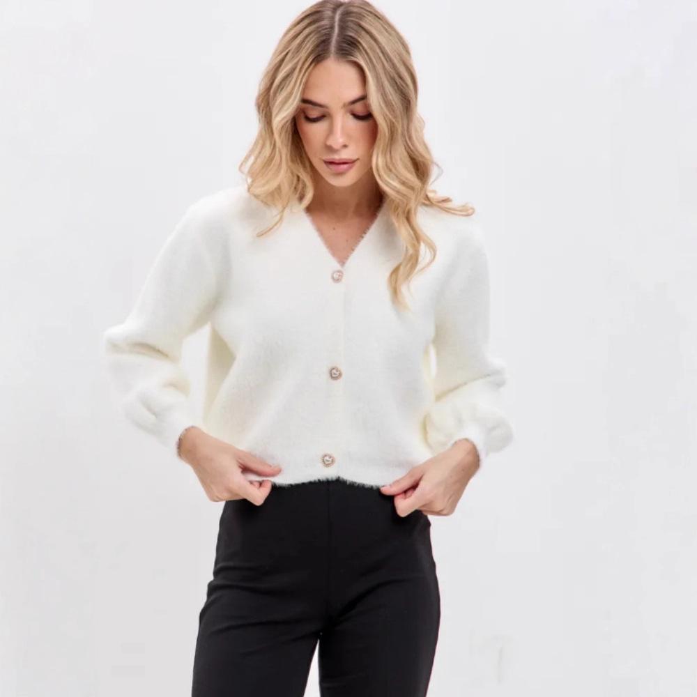 Autumn sophisticated soft V-neck mink fleece short knit cardigan for women, versatile lazy sweater jacket