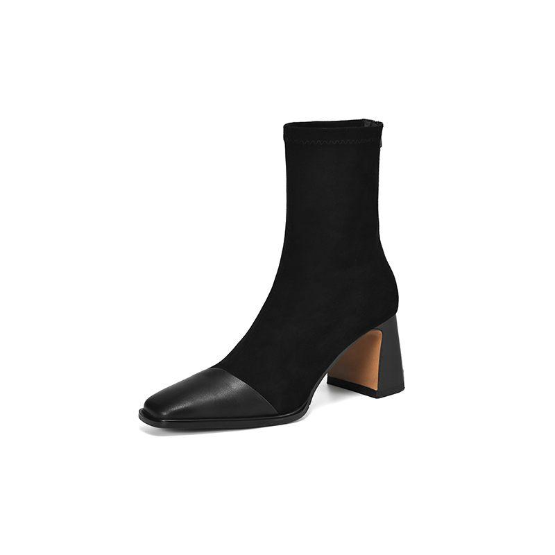 Krazing Pot Cow Skin Autumn Winter Shoes Square Toe Mixed Color Thick High Heels Zipper Chelsea Boots Women Stretch Ankle Boots
