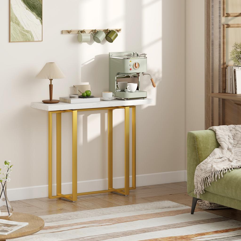 Console Table with Faux Marble Top, 100 Cm Narrow Entryway Table with Anti-tipping Device, Steel Frame, White