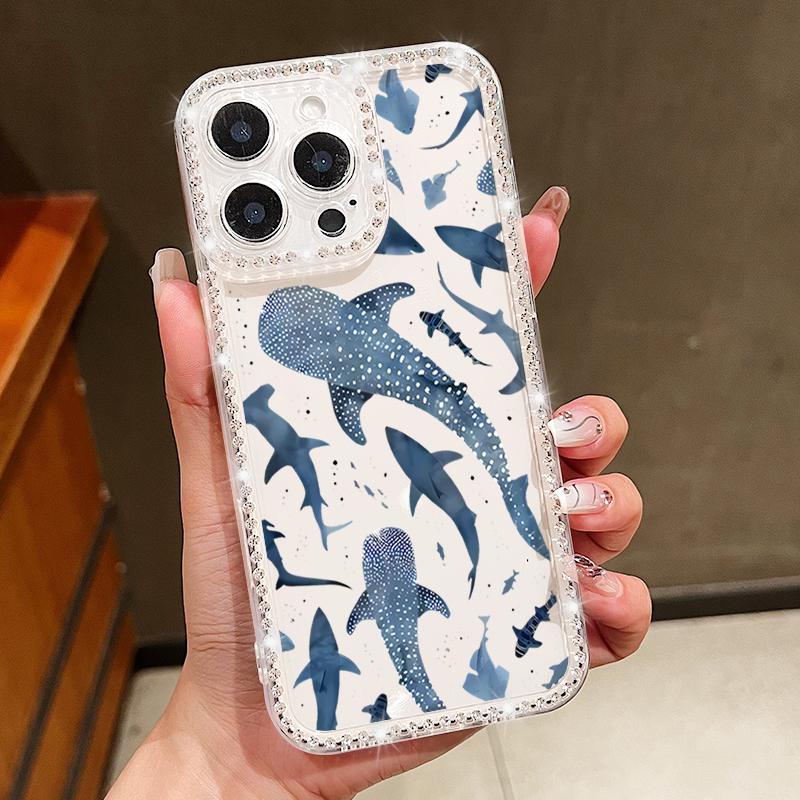Conch Shark Pattern Clear Silicone Case For iPhone 16E 16 Pro 15 Pro Max 14 13 12 11 Diamond Frame Soft Shockproof Transparent Phone Cover