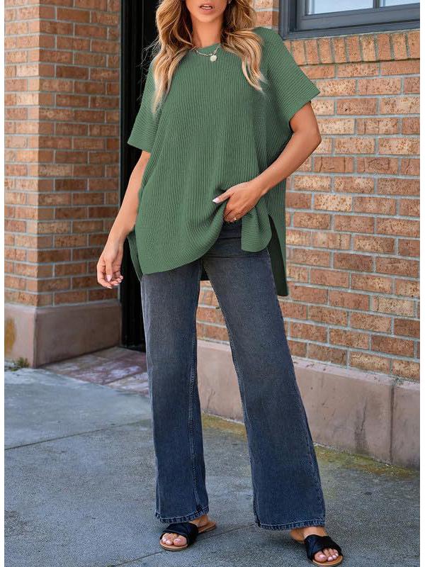 2024 Women's Summer Solid Color Knit Crew Neck Pullover T-Shirt - European & American Casual Loose Fit, Drop Shoulder, Short Sleeve Top