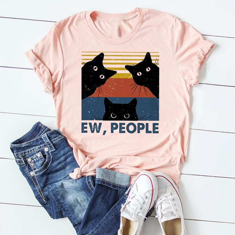 (Asian Size) Tshirt Lady Cartoon T Tee Top Women Print Fashion Clothes Female Clothing Short Sleeve Cat Animal Pet Graphic T-shirt