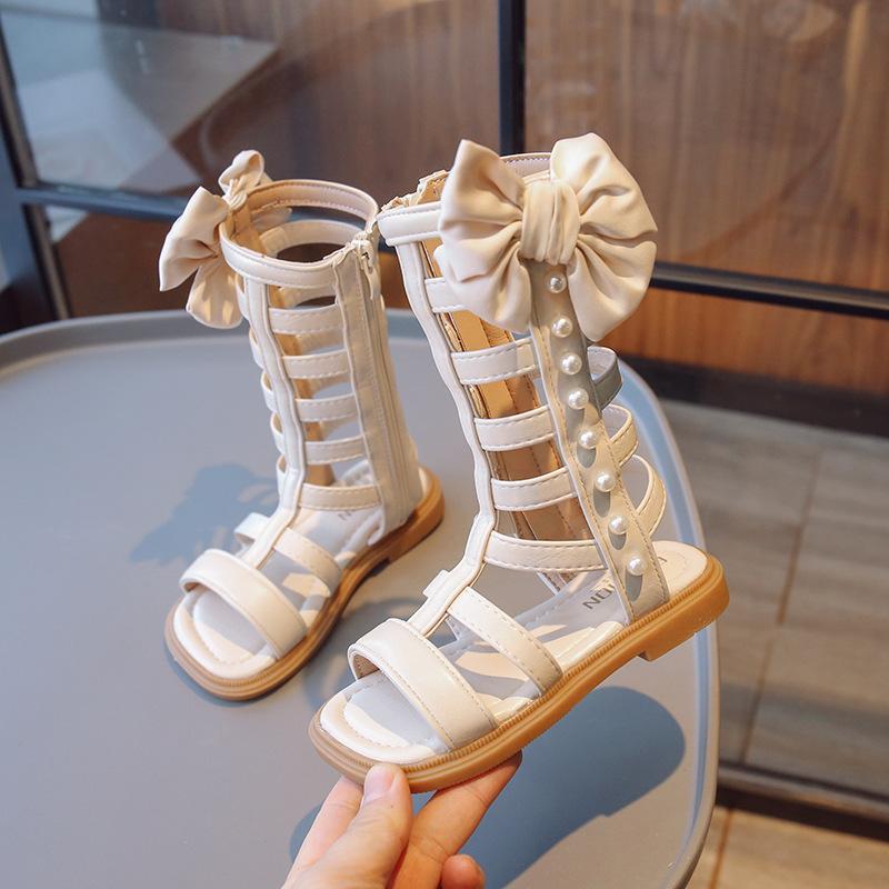 Sandales Romaines d'Été Montantes pour Filles, Enfants Moyens et Grands, Couleur Unie, Fermeture Éclair Latérale, Chaussures de Princesse