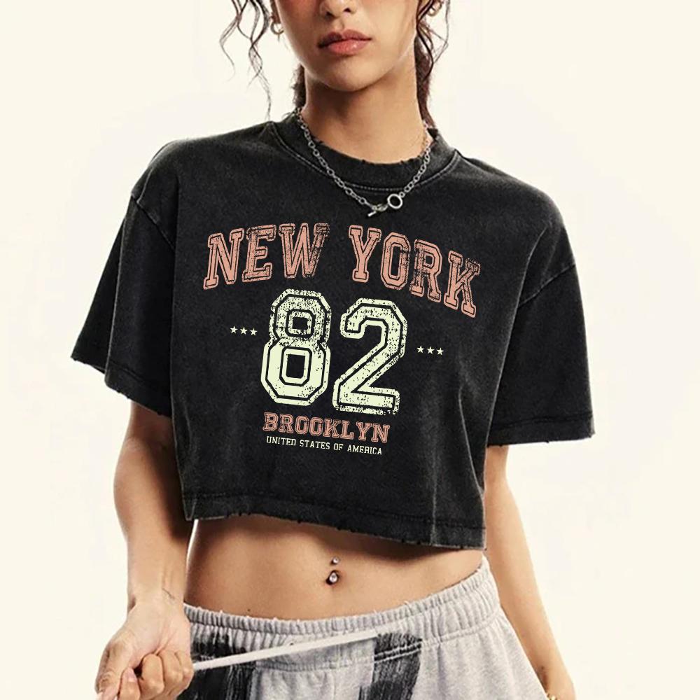 

New York 82 Hollow Out Word Prints Women Washed Crop T Shirt Cotton Hip Hop Tops Crewneck Streetwear Cotton Short Sleeve M
