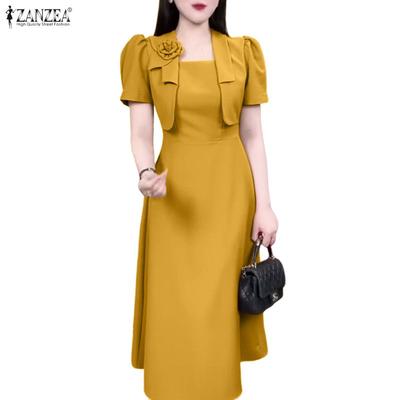 Women Casual Square Collar Summer Short Sleeve Sheath Dress