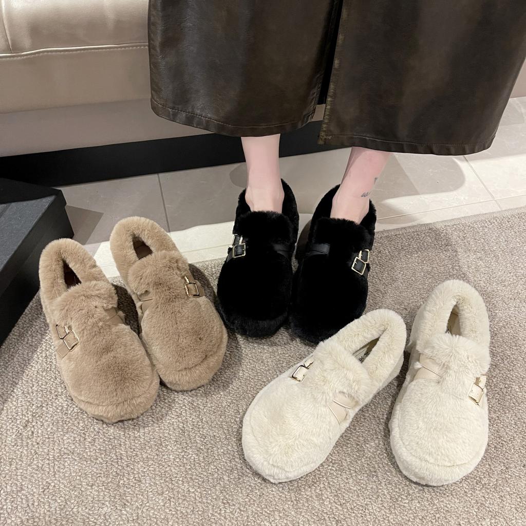 Internet celebrity casual thick-soled versatile wool shoes women 2025 new wear one-pedal bean shoes velvet cotton shoes women