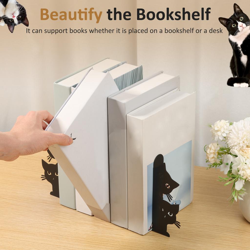2 Pairs Desktop Peeping Cat Metal Bookends Set Cute Black Cat Book Holder Decorative Black Cat Book Ends for Bookshelf Office