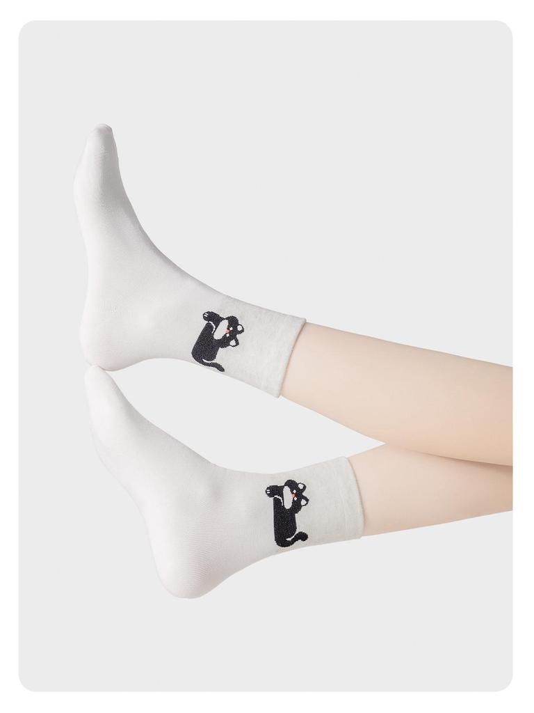 5 Paar Niedliche Kätzchen Japanische Cartoon Mid-Calf Socken - Atmungsaktiv, Vielseitiges Design für Damen, Perfekt für Frühling und Herbst