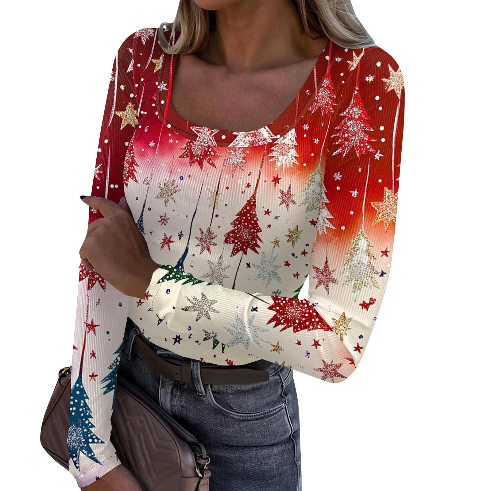 

Жіноча модна тонка футболка з різдвяним принтом і круглим вирізом, пуловер з довгим рукавом S Кіновар