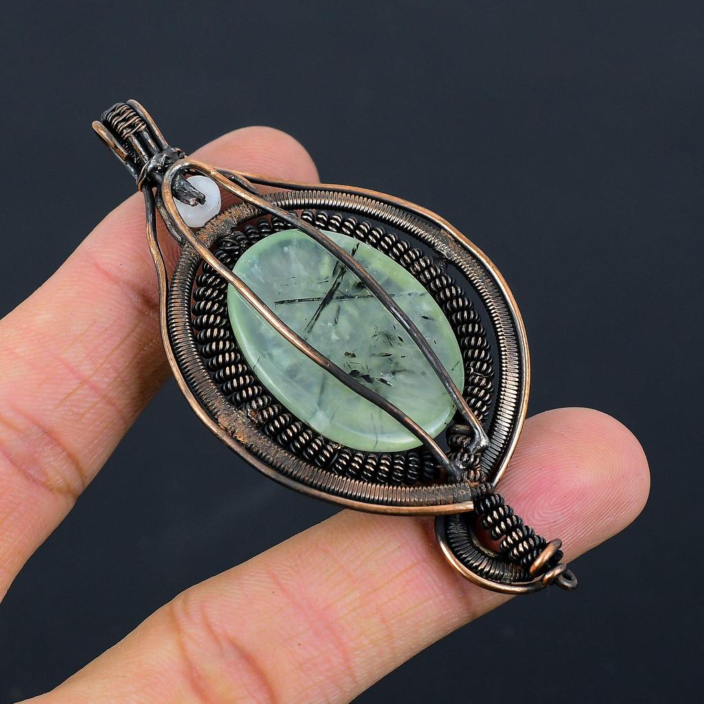 Prehnite, Moonstone Gemstone Pure Copper Wire Wrapped Designer Handmade Pendant Jewelry Gift