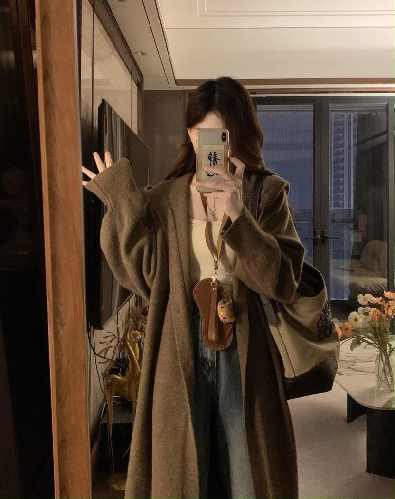Women's Hooded Knit Cardigan - Maillard Style, Long, Cozy, 2025 Autumn/Winter Collection, Student Lazy Fit