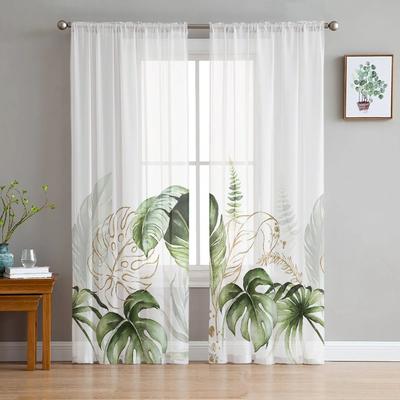 Rideaux transparents à motif de feuilles de palmier vertes aquarelles pour décoration de salon, rideau de fenêtre de cuisine, tulle, voile, organza