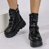 Damen Gothic Chunky Plateau Stiefeletten Dicke Sohle Keilabsätze PU Leder Kampfstiefel Frau Nieten Schnalle Dekor Schwarz Punk Stiefel