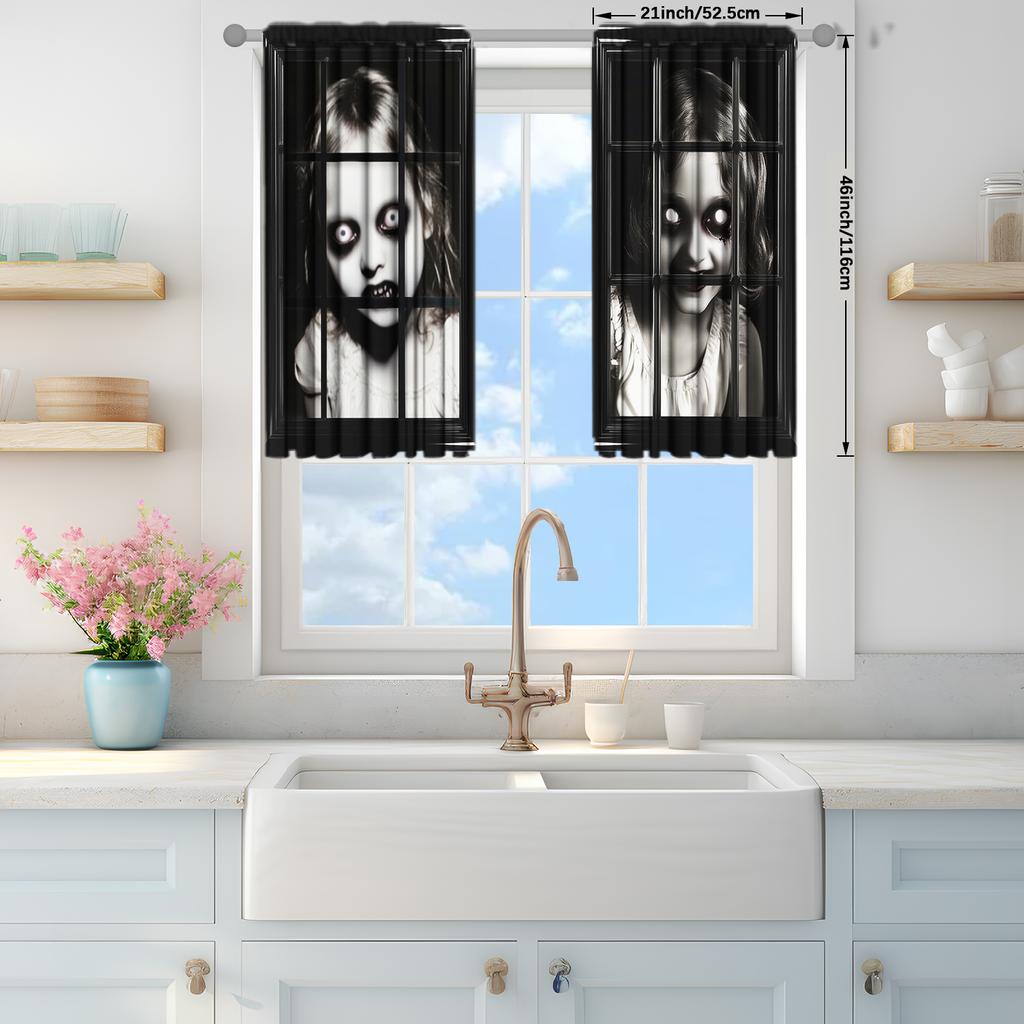 2 szt. Przerażająca Dziewczyna w Oknie Drukowana Zasłona do Dekoracji Domu - Kieszeń na Karnisz Dekoracja Okna do Sypialni, Biura, Kuchni