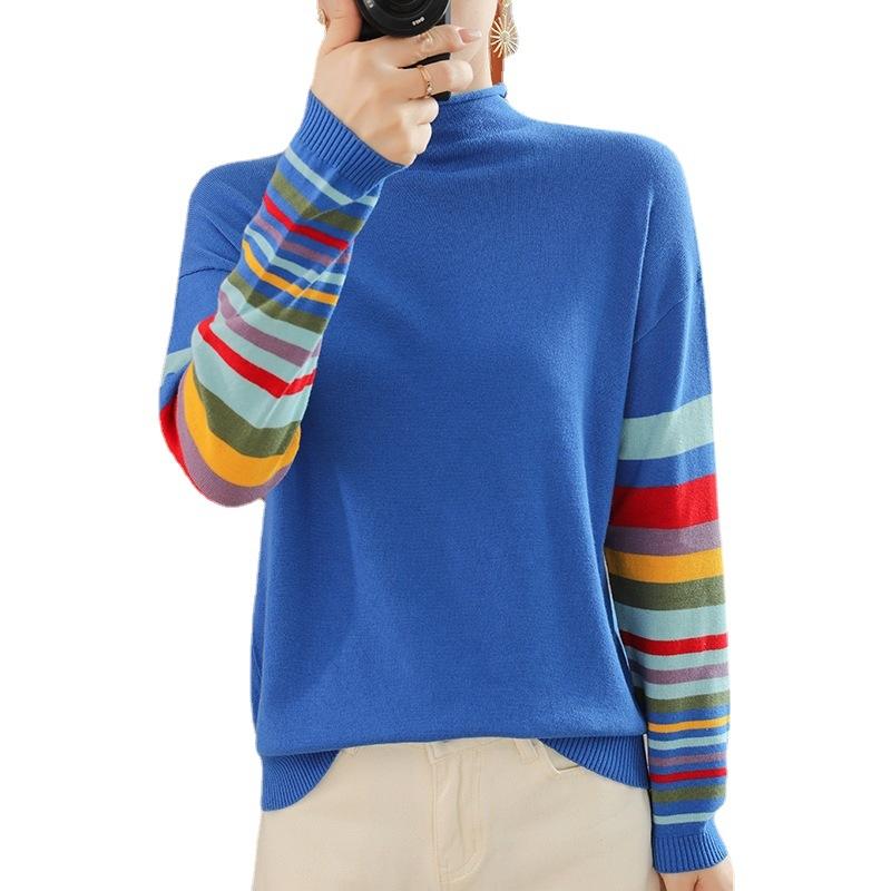 Half Turtleneck Striped Contrasting Cotton Thread Sweater Spring and Autumn Style Slim and Stylish Knitted Sweater Top