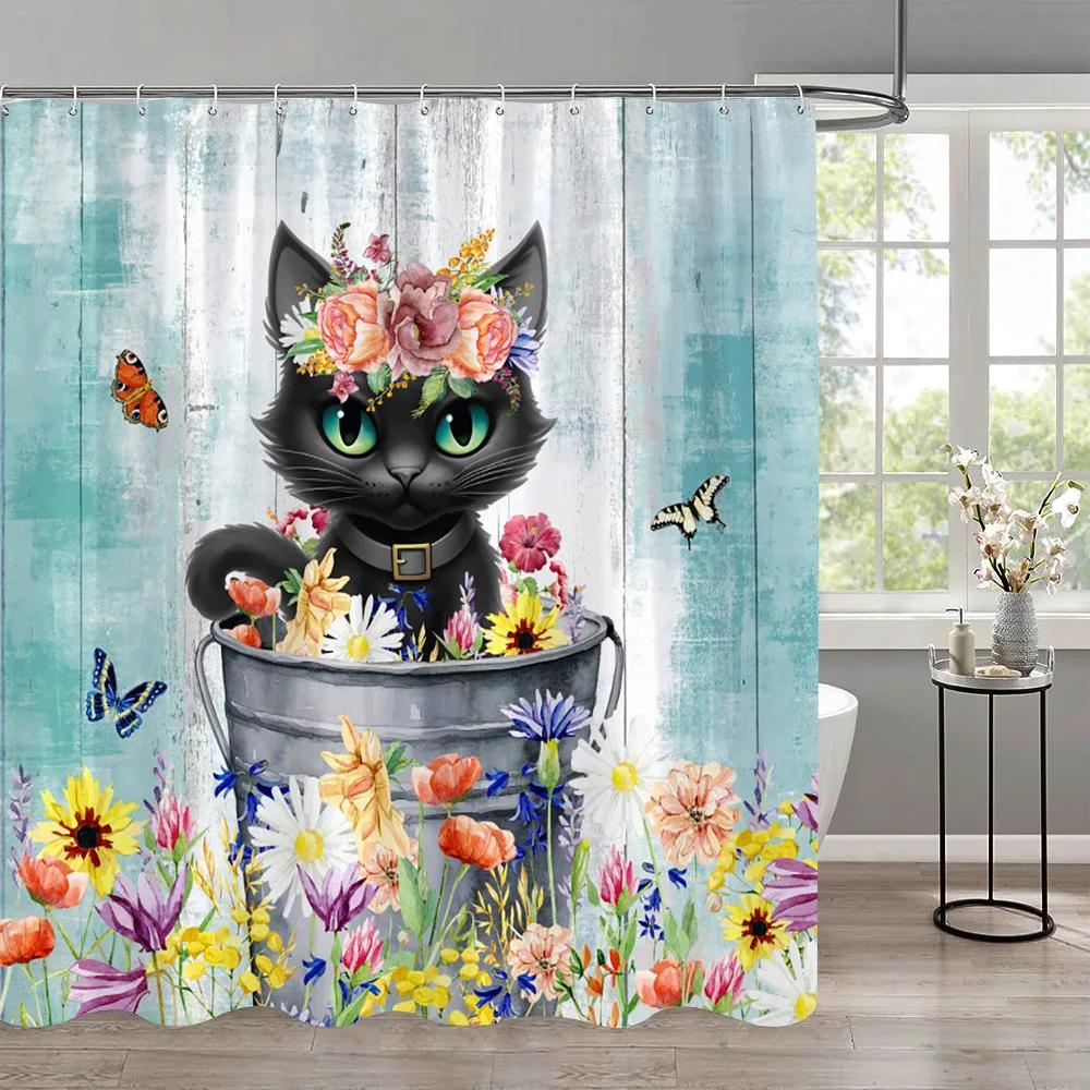 Funny Cat Children'S Shower Curtain Colourful Cartoon Patterns Children'S Room Curtains Bathroom Decor Accessories With Hooks