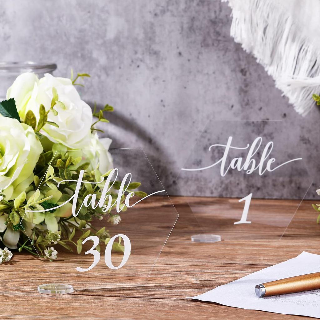 30 Pieces Acrylic Table Numbers 1-30 for Wedding Reception Clear Table Number Signs 1-30 with Stand Hexagonal Rectangle for Wedding Event Party