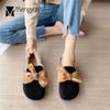 Fashion Nubuck Cow Leather Flats Woman Silk Bow-knot Furry Loafers Ladies Plush Winter Shoes Plus Size 35-42 Genuine Leather Moccasins