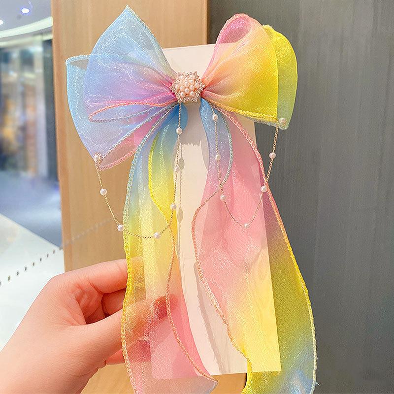 Baby Girls Cute Elegant Mesh Bow Ribbon Clips with Faux Pearl Tassel Decoration Hair Accessories for Party Performance
