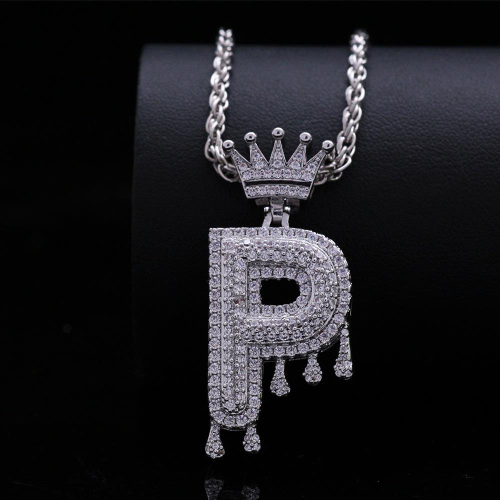 Stylish Hip Hop Zircon Crown Pendant Necklace with 26 English Letters for Women