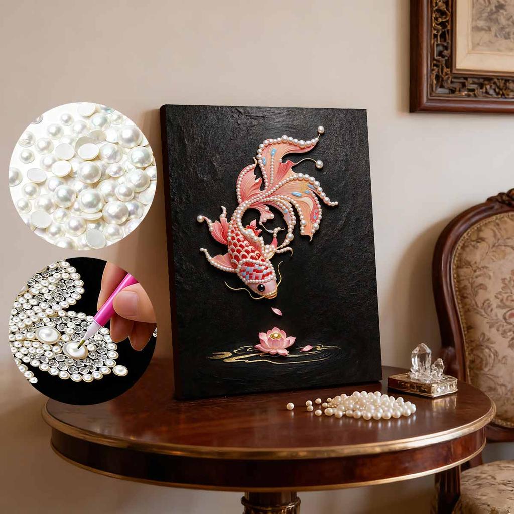 Pearl DIY Koi Fish and Lotus Flowers Art Kits 15.7x19.6inch Gem Art Pearl Painting Kits Without Frame for Adults Gift Idea Home Wall Decor