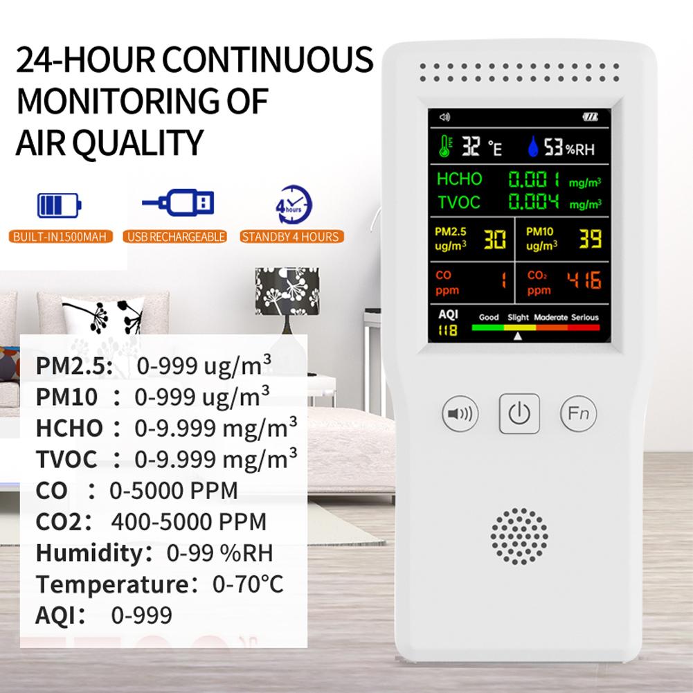 Handheld Tragbarer Luftqualitätsdetektor CO2-Messgerät 9 in 1 Temperatur Luftfeuchtigkeit PM2.5 PM10 HCHO TVOC CO CO2 AQI Luftqualitätsmonitor