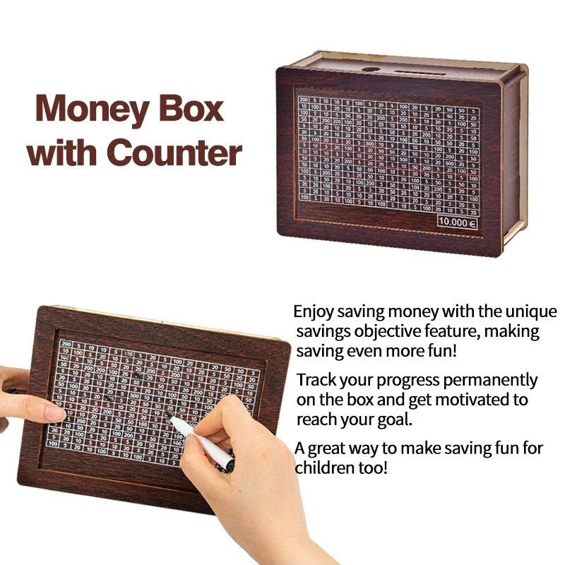 Creative Money Sacing Box Wooden Penny Bank with Marking Pen 1000-10000 Euros Christmas Gift for Kids Home Crafts Decoration