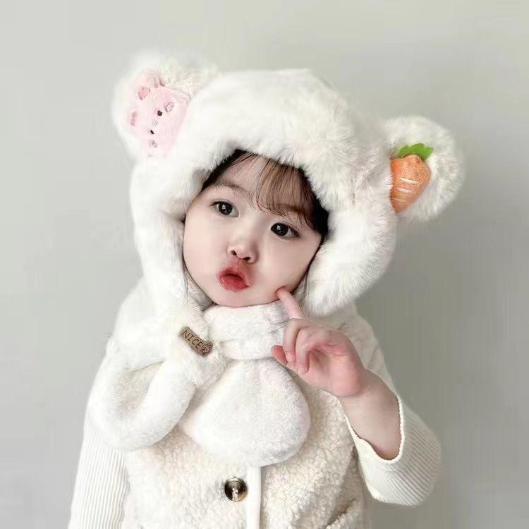 Children'S Winter Hat, Scarf, Integrated Hat, Two-Piece Set, Warm Baby Windproof Ear Protection, Thickened Two-Piece Set For Boys And Girls