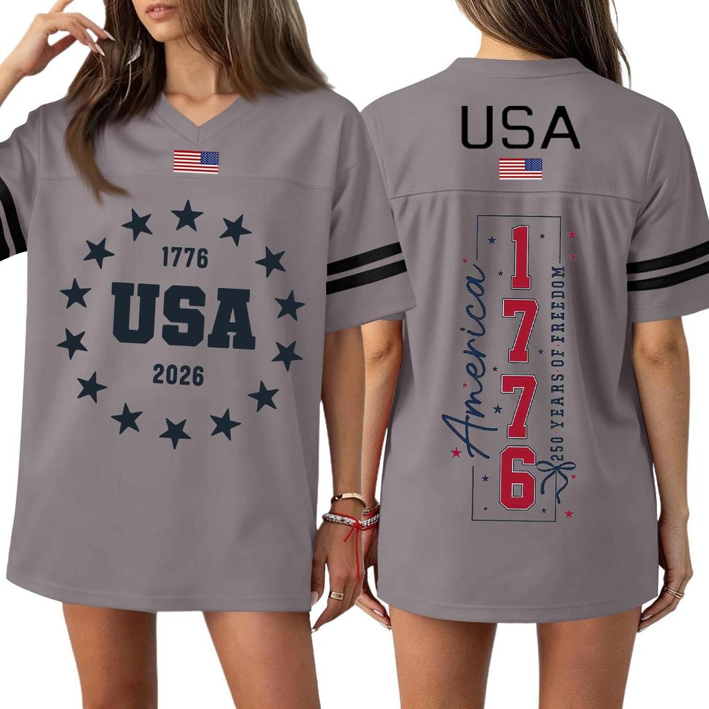 Womens Short Sleeve V Neck Oversized T Shirt 1776 2026 USA Letter Print Loose Fit Top Flag Graphic Tee