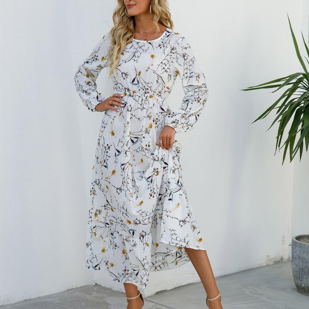 Women Spring Autumn O Neck Long Sleeve A Line Slim Elastic Waist Floral Print Long Dress Ruffle Clothing