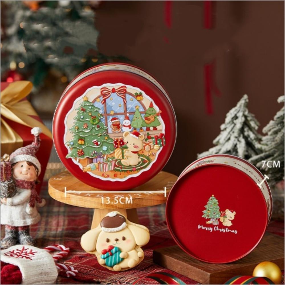 

Round Christmas Gift Candy Box Cute Santa Claus Cookie Storage Containers Tinplate Metal Can for Holiday Xmas Happy New Year Other
